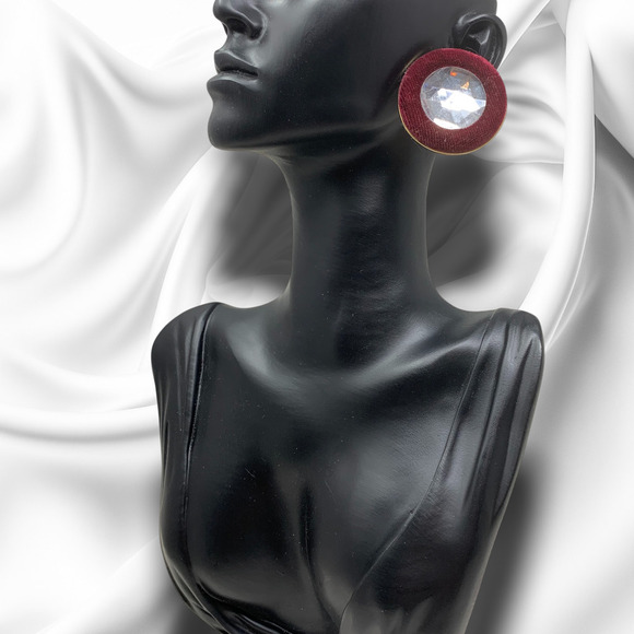 Vintage 1980's Oversized Wine Velvet & Crystal Button Earrings Clip On Mogul - Picture 4 of 5